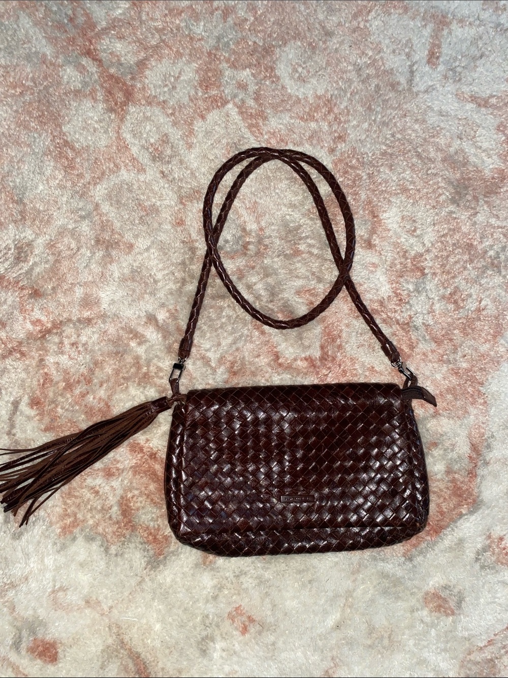 Francesco Biasia Woven Leather Crossbody Bag in Dark Brown with Tassel